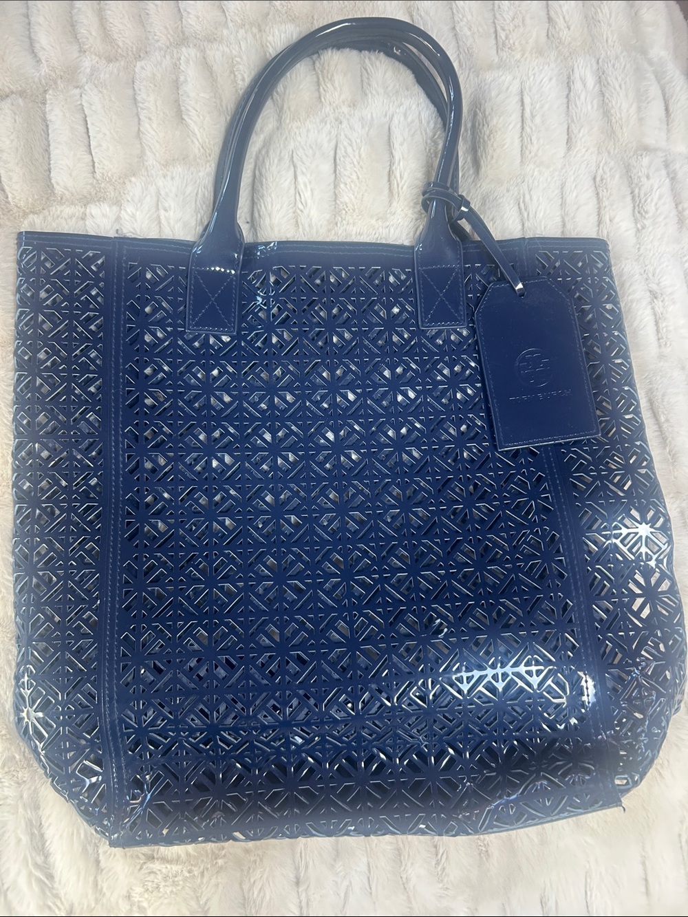 Tory Burch Navy Laser-Cut Patent Tote
